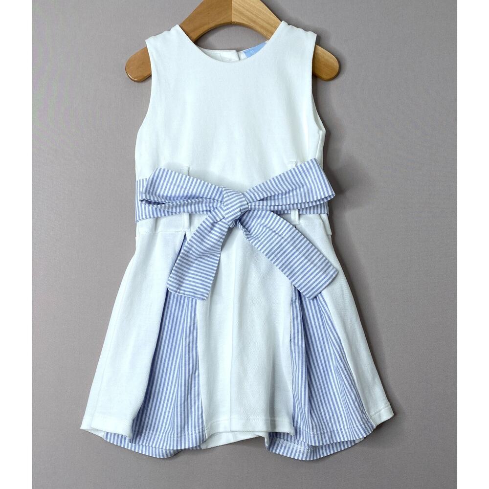Bella Bliss White Pique/Blue Stripe Sash Sleeveless Stratton Dress Girls 3 Yrs